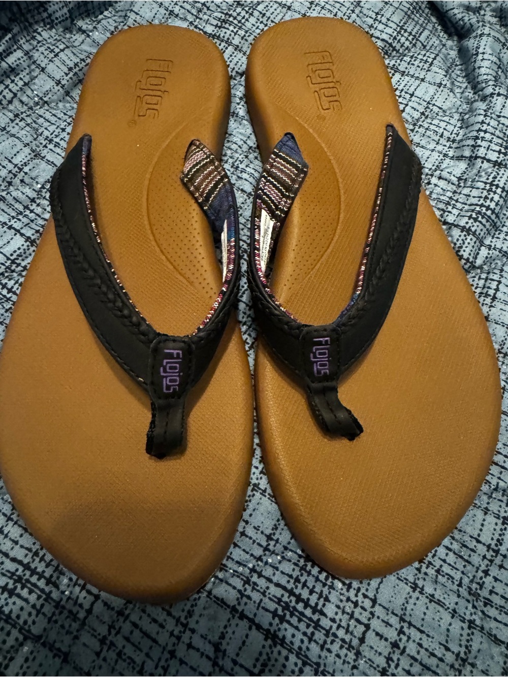 Flojos Black Strap Flip Flops with Brown Footbed